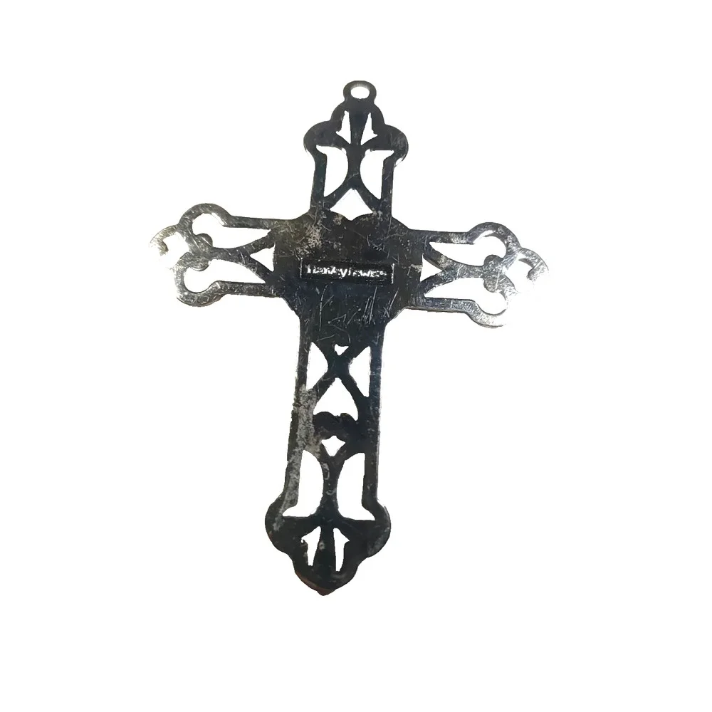 Harvey Lewis Believe Religious Cross Pendant Red Rhinestone Enamel Silver Tone